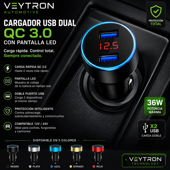 Cargador USB Dual QC3.0 para Coche con Pantalla LED | VEYTRON Automotive