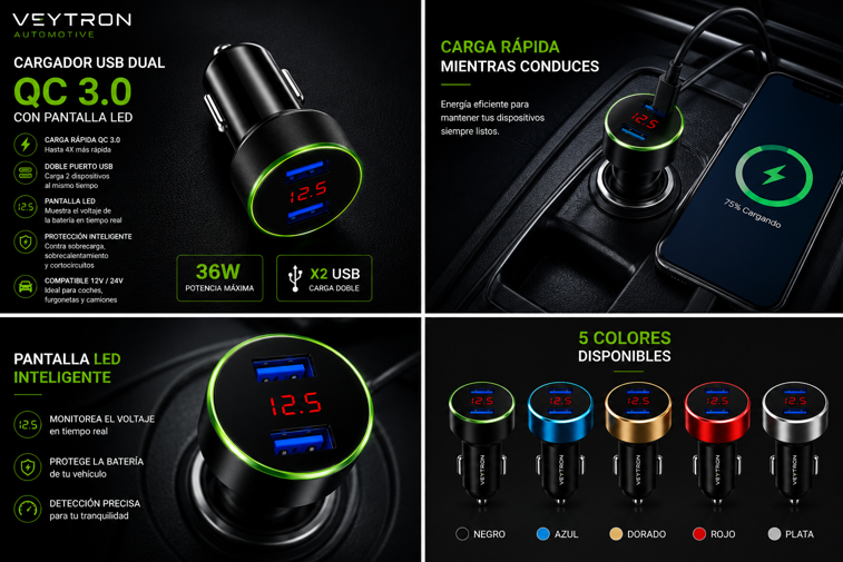 Cargador USB Dual QC3.0 para Coche con Pantalla LED | VEYTRON Automotive