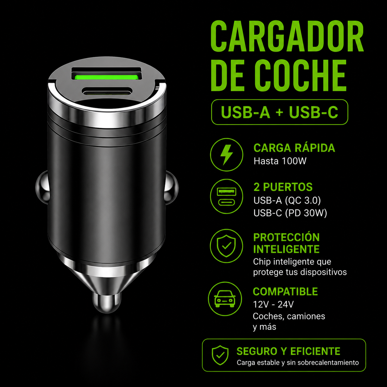 VEYTRON PowerCharge Pro™ – Cargador USB-C 100W para Coche