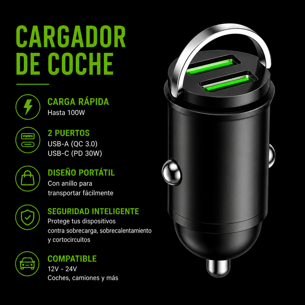 VEYTRON PowerCharge Pro™ – Cargador USB-C 100W para Coche