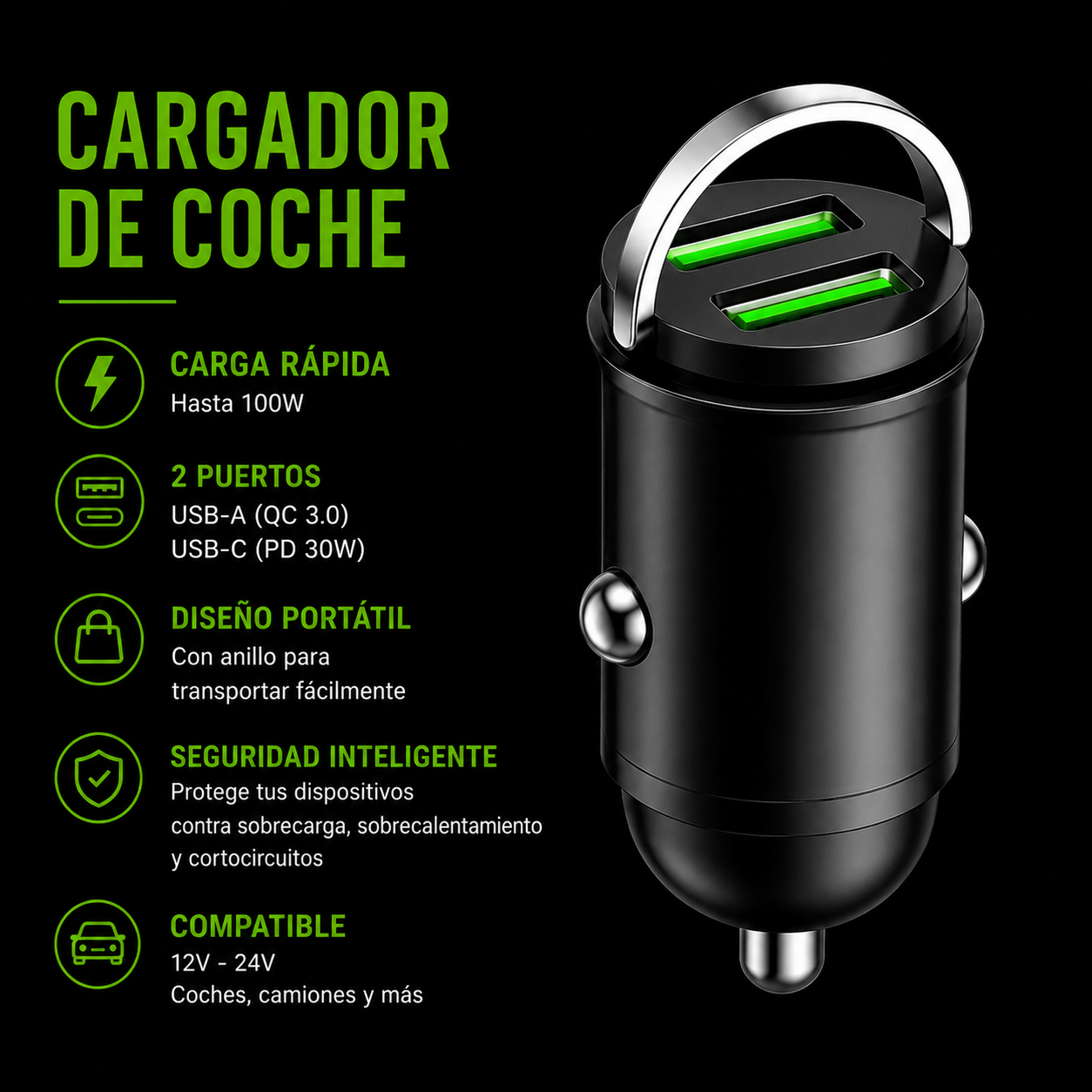 VEYTRON PowerCharge Pro™ – Cargador USB-C 100W para Coche