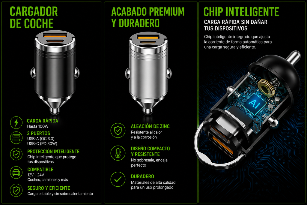 VEYTRON PowerCharge Pro™ – Cargador USB-C 100W para Coche