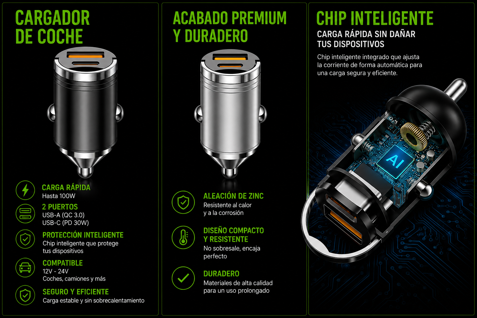 VEYTRON PowerCharge Pro™ – Cargador USB-C 100W para Coche