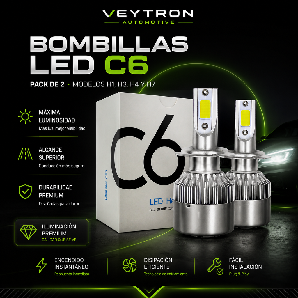 VEYTRON NightBeam C6™ – Bombillas LED para Coche | Pack de 2