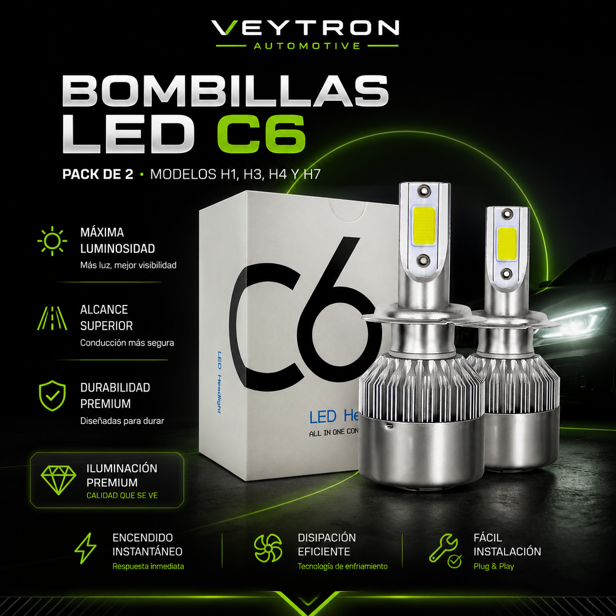 VEYTRON NightBeam C6™ – Bombillas LED para Coche | Pack de 2