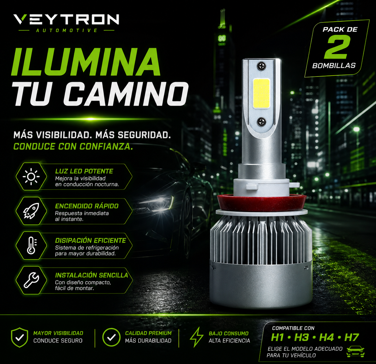 VEYTRON NightBeam C6™ – Bombillas LED para Coche | Pack de 2