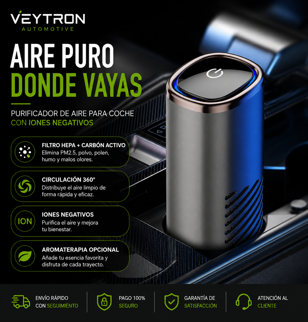 VEYTRON PureAir Pro – Purificador de Aire para Coche