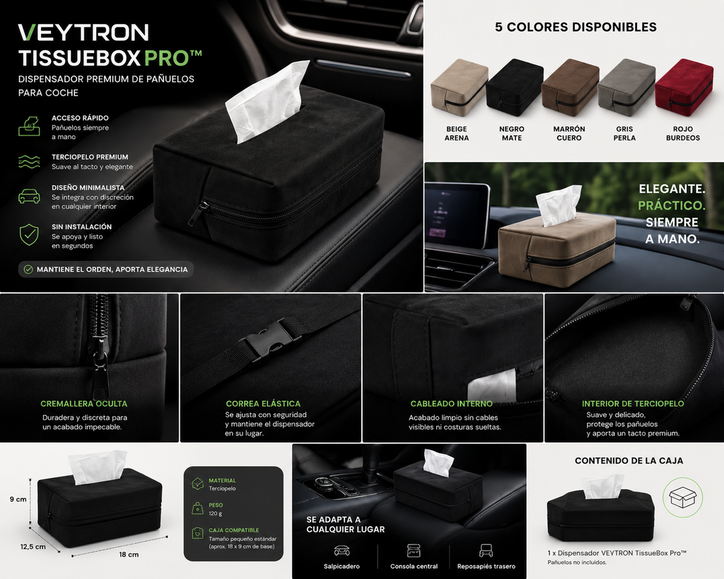 VEYTRON TissueBox Pro™ | Dispensador Premium de Pañuelos para Coche
