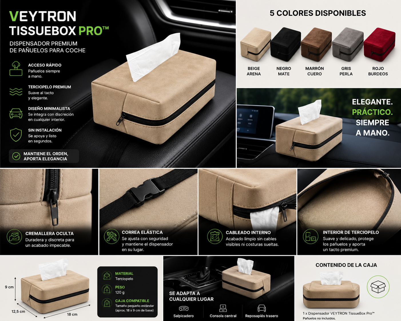 VEYTRON TissueBox Pro™ | Dispensador Premium de Pañuelos para Coche