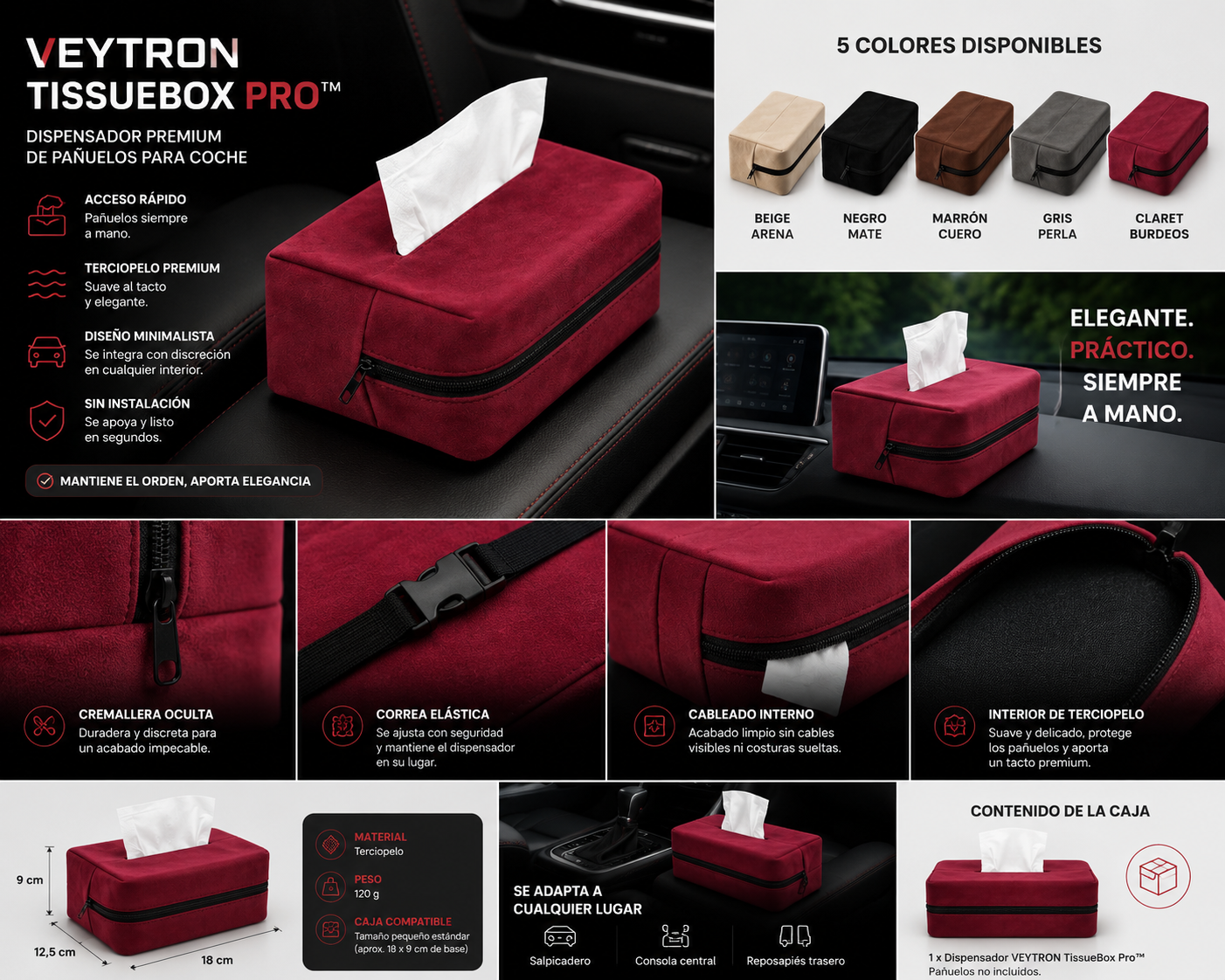 VEYTRON TissueBox Pro™ | Dispensador Premium de Pañuelos para Coche