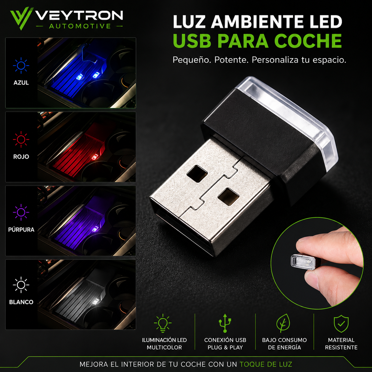 VEYTRON AmbientLight USB | Luz LED de Ambiente para Interior de Coche