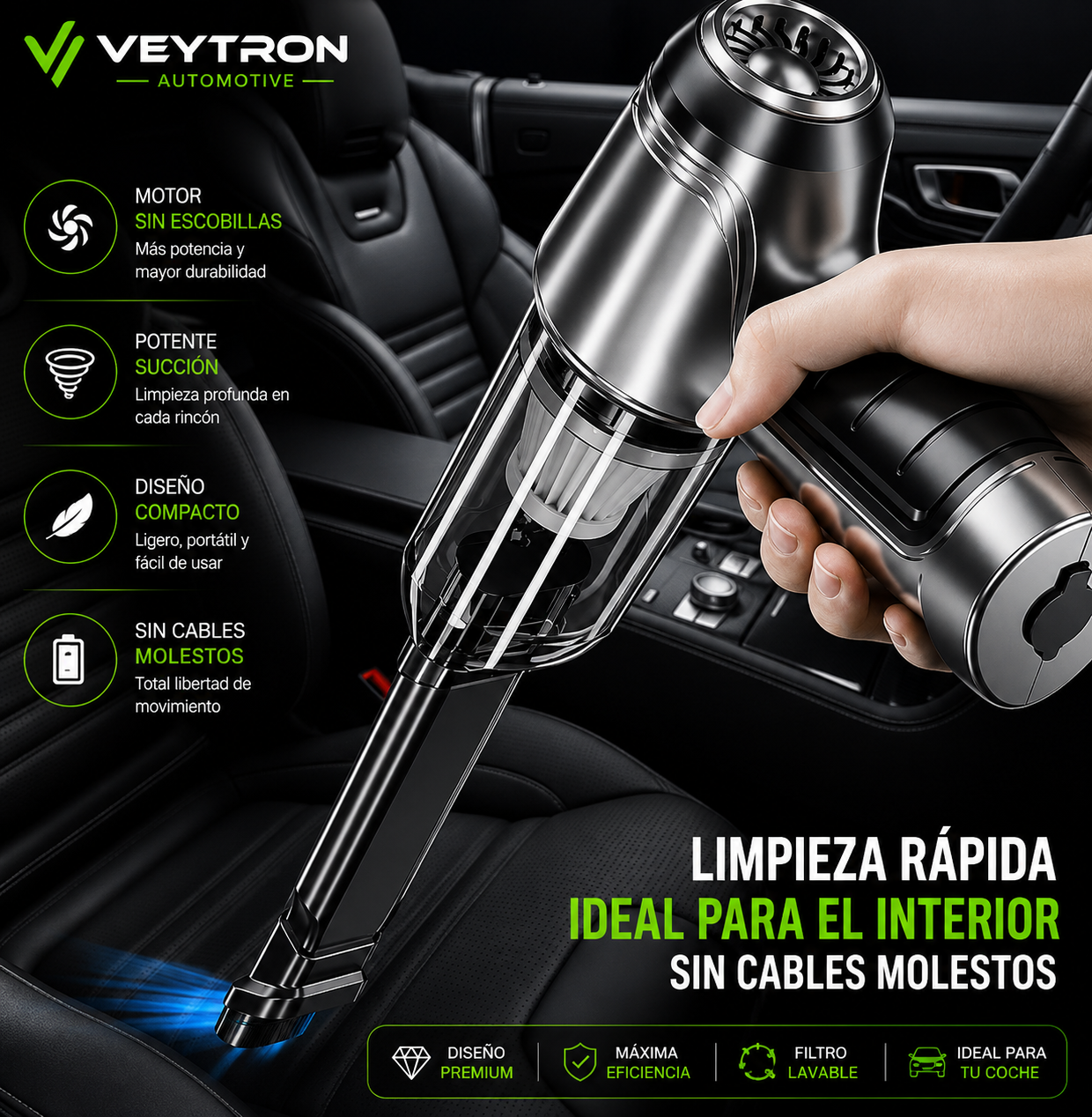 VEYTRON CleanPro™ | Aspirador Portátil sin Escobillas para Coche