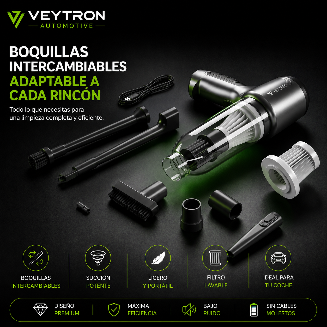 VEYTRON CleanPro™ | Aspirador Portátil sin Escobillas para Coche