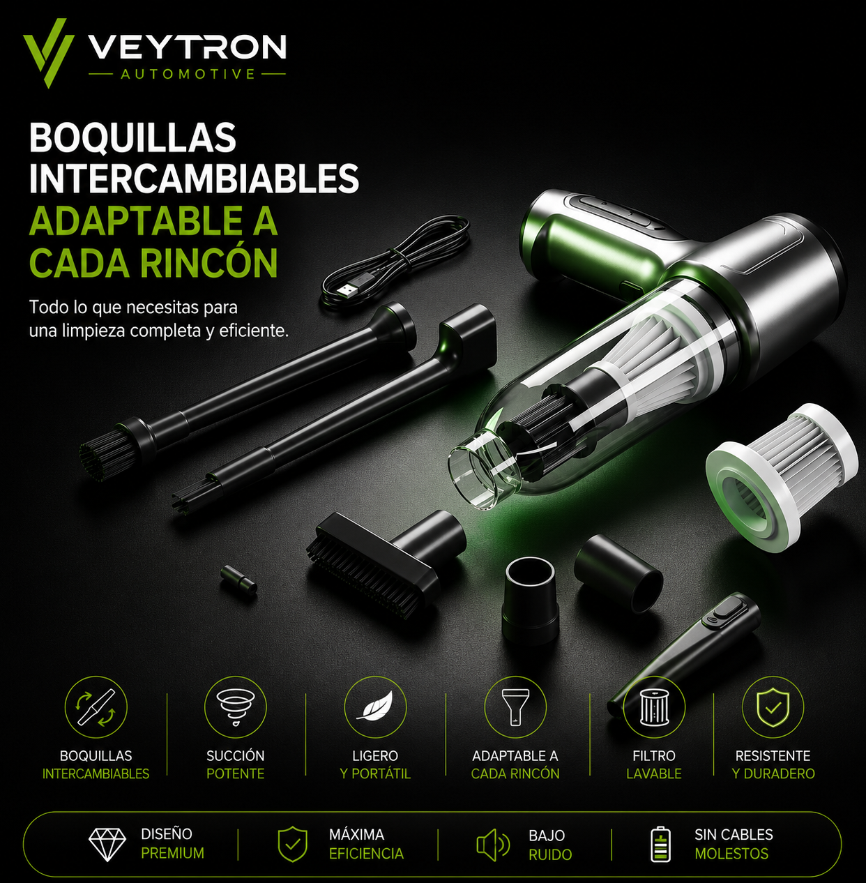 VEYTRON CleanPro™ | Aspirador Portátil sin Escobillas para Coche