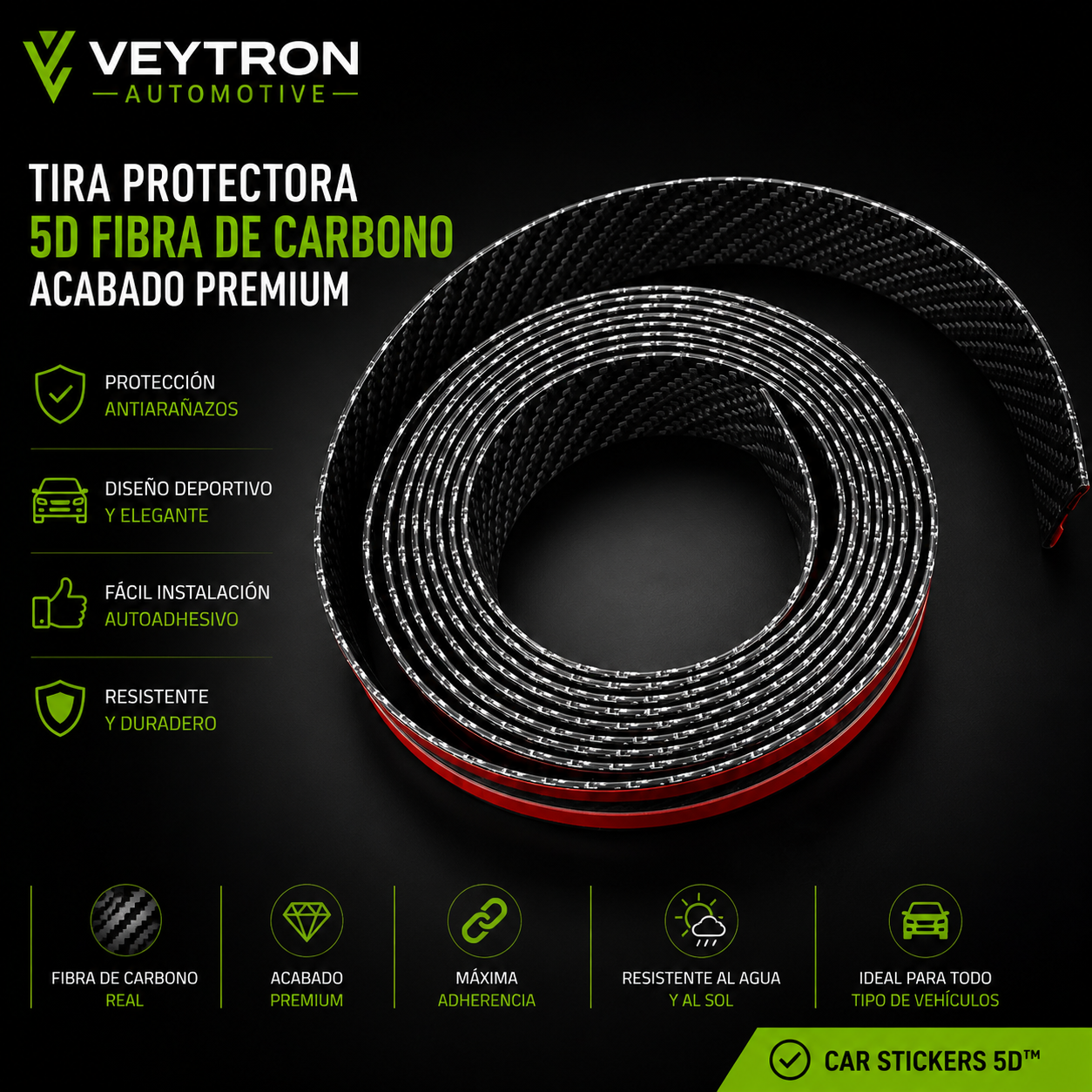 VEYTRON CarbonWrap Pro™ | Tira Protectora 5D Fibra de Carbono para Coche
