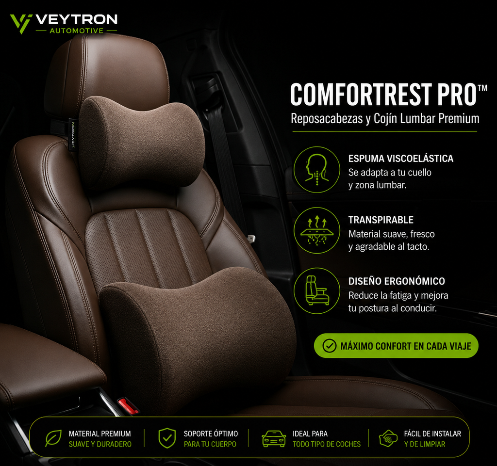 VEYTRON ComfortRest Pro™ | Almohada Reposacabezas y Cojín Lumbar para Coche