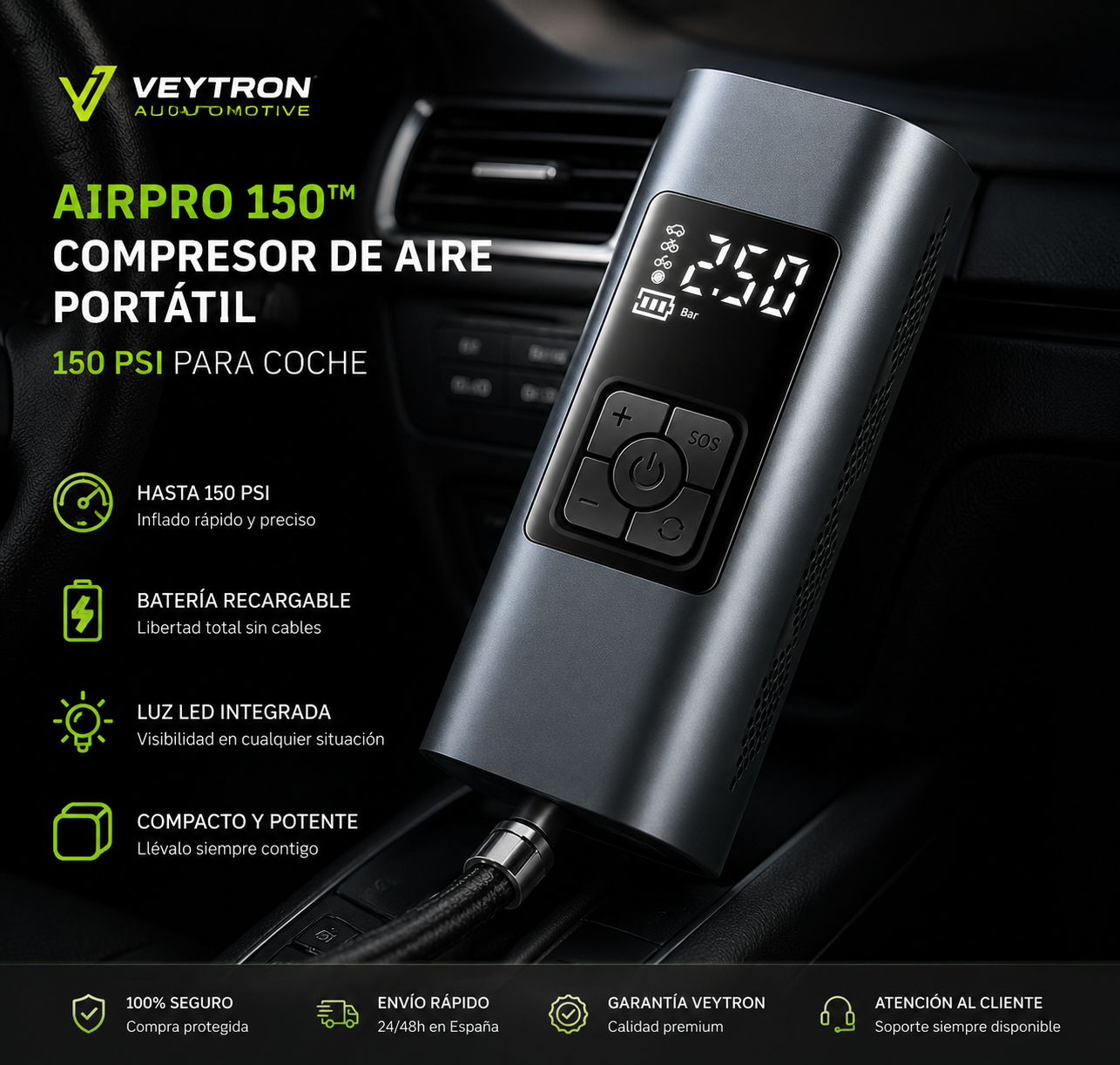 VEYTRON AirPro 150™ – Compresor de Aire Portátil 150 PSI para Coche