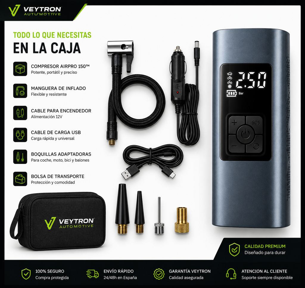 VEYTRON AirPro 150™ – Compresor de Aire Portátil 150 PSI para Coche