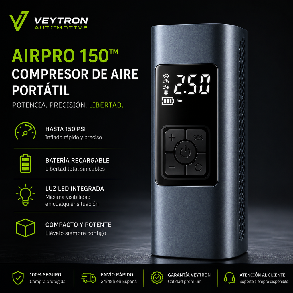 VEYTRON AirPro 150™ – Compresor de Aire Portátil 150 PSI para Coche