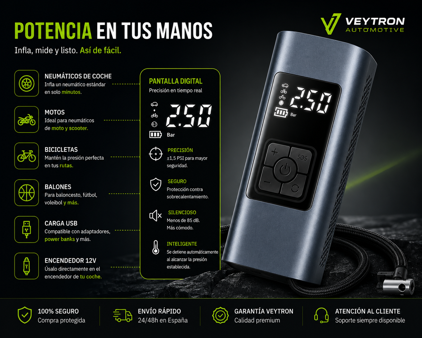 VEYTRON AirPro 150™ – Compresor de Aire Portátil 150 PSI para Coche