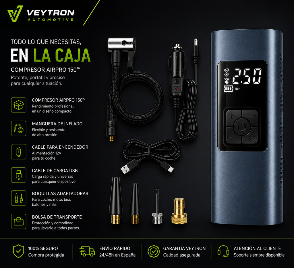VEYTRON AirPro 150™ – Compresor de Aire Portátil 150 PSI para Coche