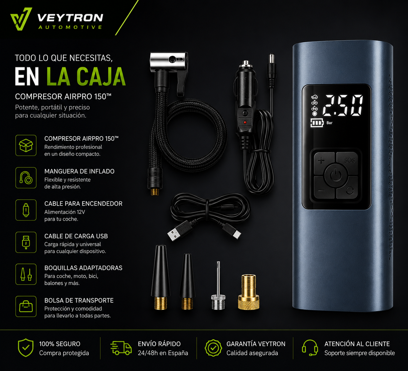 VEYTRON AirPro 150™ – Compresor de Aire Portátil 150 PSI para Coche