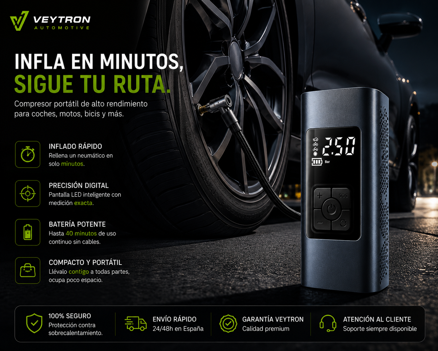 VEYTRON AirPro 150™ – Compresor de Aire Portátil 150 PSI para Coche
