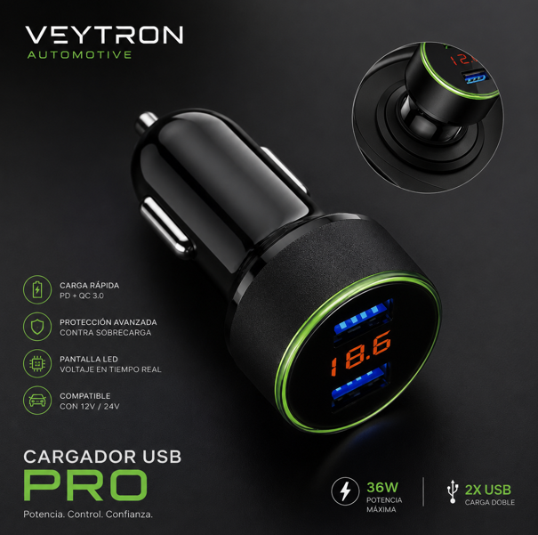 Cargador USB Dual QC3.0 para Coche con Pantalla LED | VEYTRON Automotive