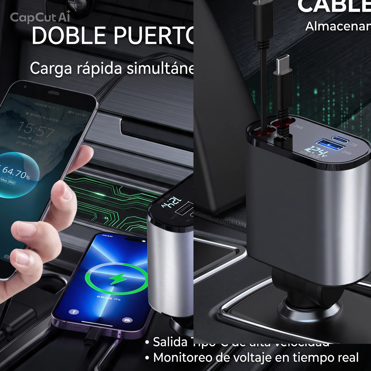 VEYTRON ChargeMetal 100™ – Cargador metálico de 100 W para coche