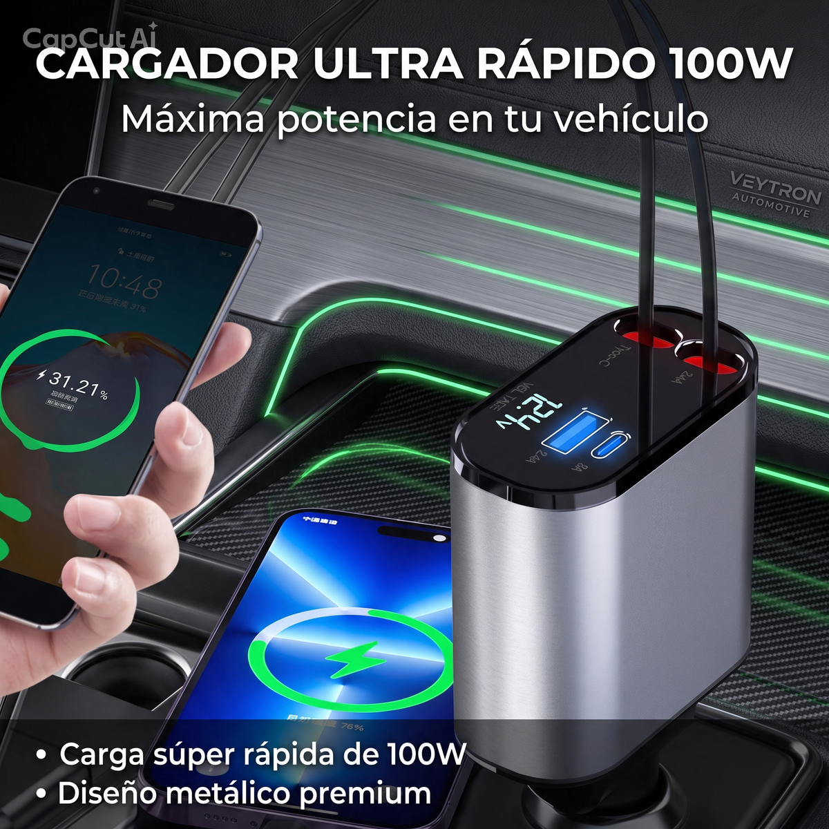 VEYTRON ChargeMetal 100™ – Cargador metálico de 100 W para coche