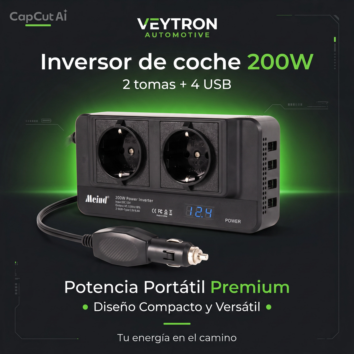 VEYTRON PowerInvert 200™ – Inversor de corriente 200 W para coche