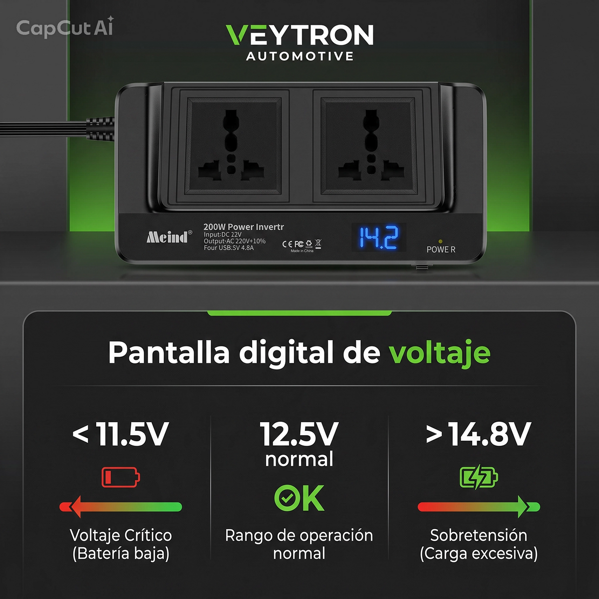 VEYTRON PowerInvert 200™ – Inversor de corriente 200 W para coche